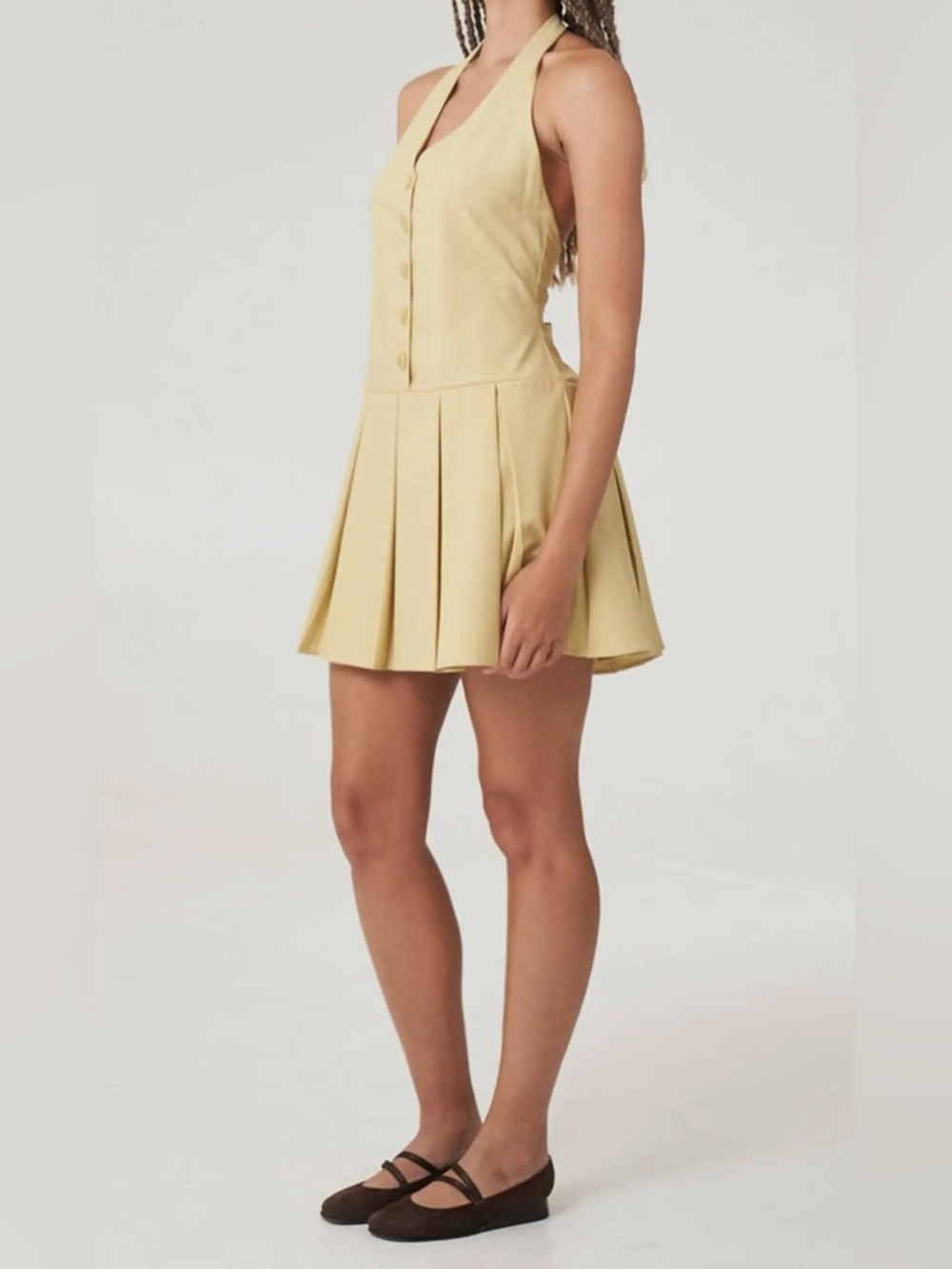 Find Me Now Mae Mini Halter Dress button-down halter top & a pleated skirt.S